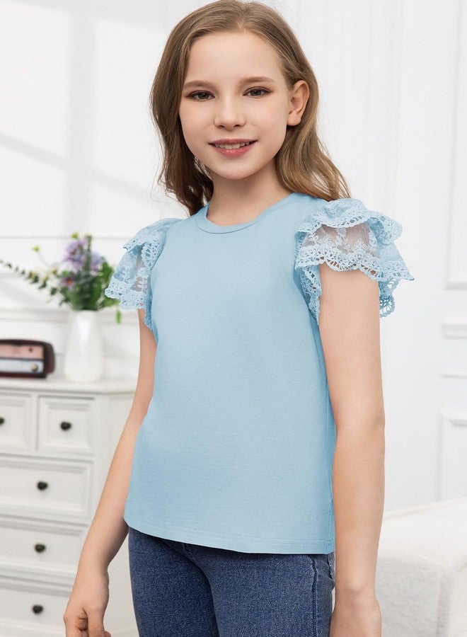 blibean Teen Girl Shirts Preteen Kid Girls Blouse Summer Short Sleeve Flowy Dress Tops Fashion Casual Dressy Clothes Fancy Solid Blouse Size 10-11 Year Old Light Blue - Image 2